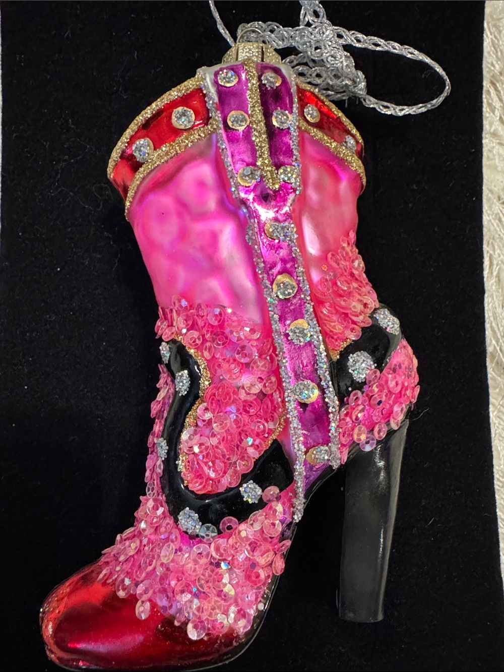 Source Unknown Pink and Black Glitter Sequin High-Heel Boot Ornament